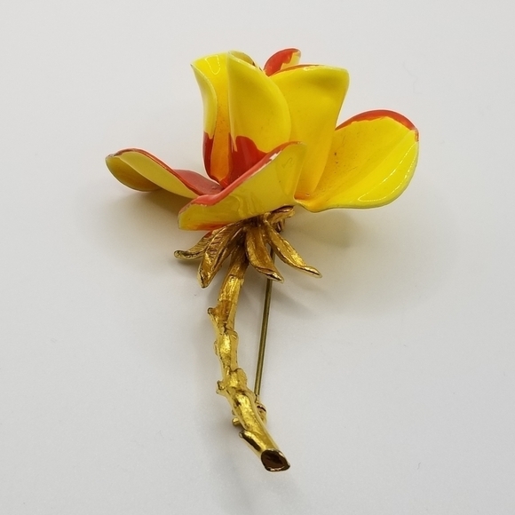Vintage Enamel Flower Gold Tone Stem Brooch Pin Orange Yellow Large High Gloss - Picture 8 of 12